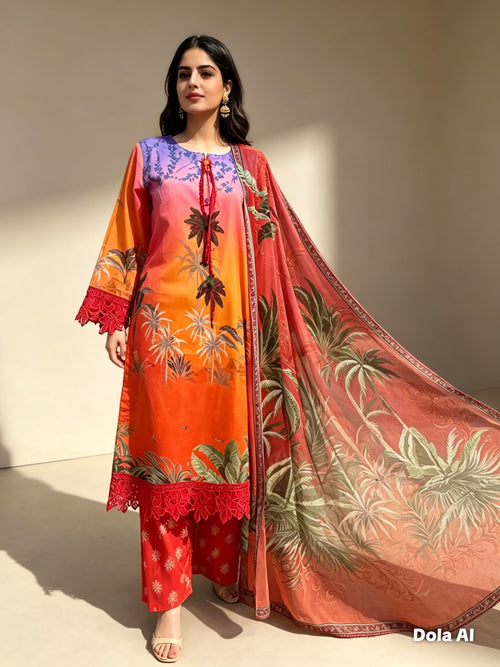 Sunset Tropics Printed Cotton Suit with Floral Dupatta