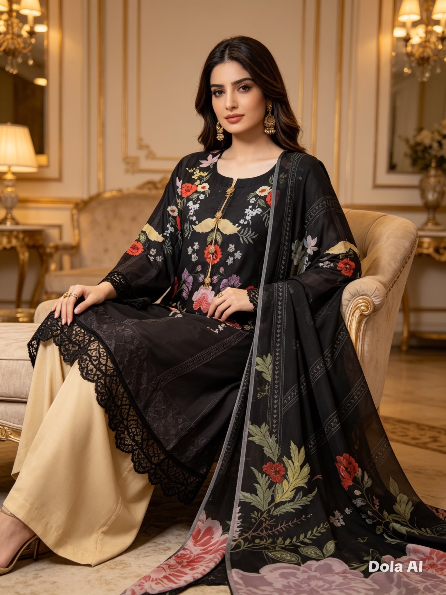 Midnight Bloom Printed Cotton Suit with Floral Dupatta