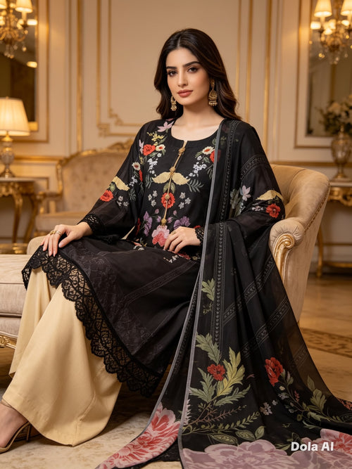Midnight Bloom Printed Cotton Suit with Floral Dupatta