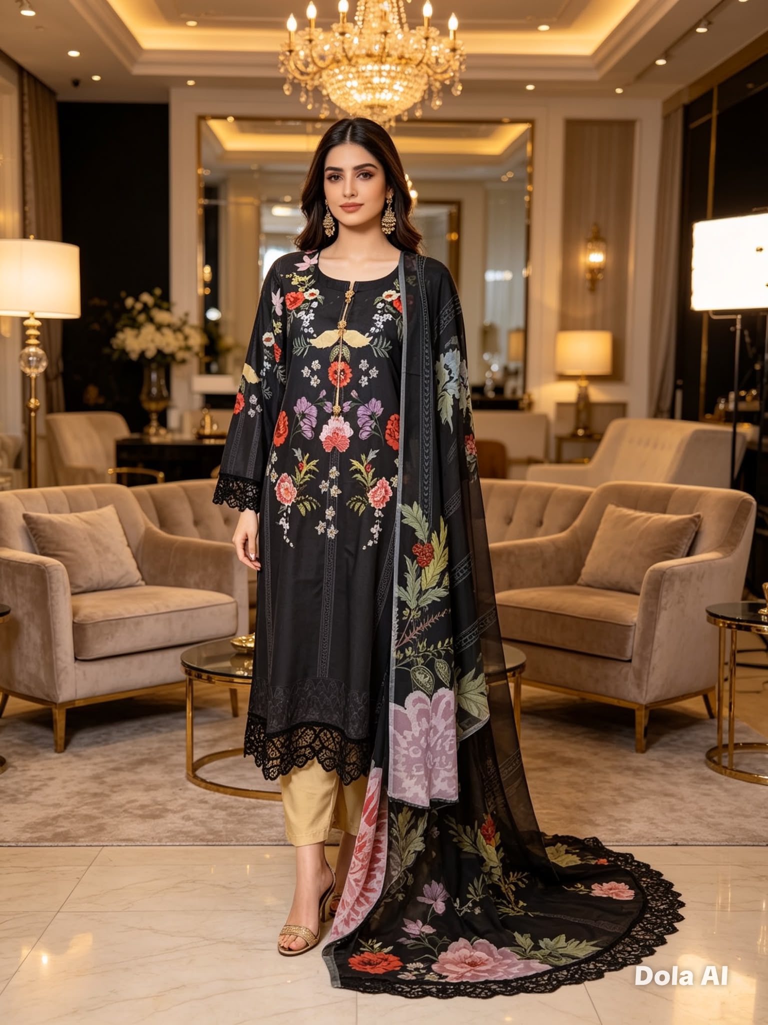 Midnight Bloom Printed Cotton Suit with Floral Dupatta