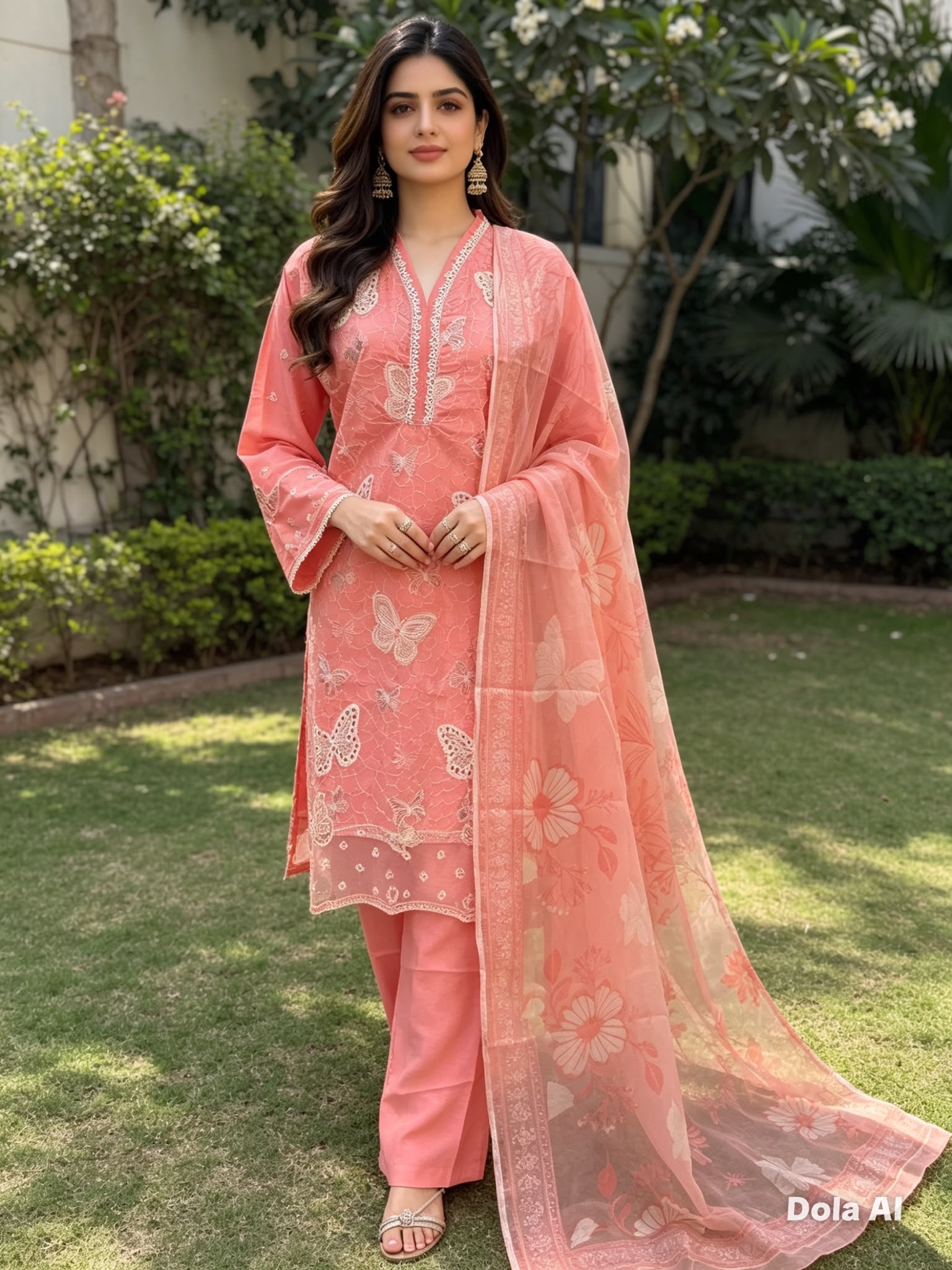 Peach Butterfly Embroidered Cotton Suit with Floral Dupatta