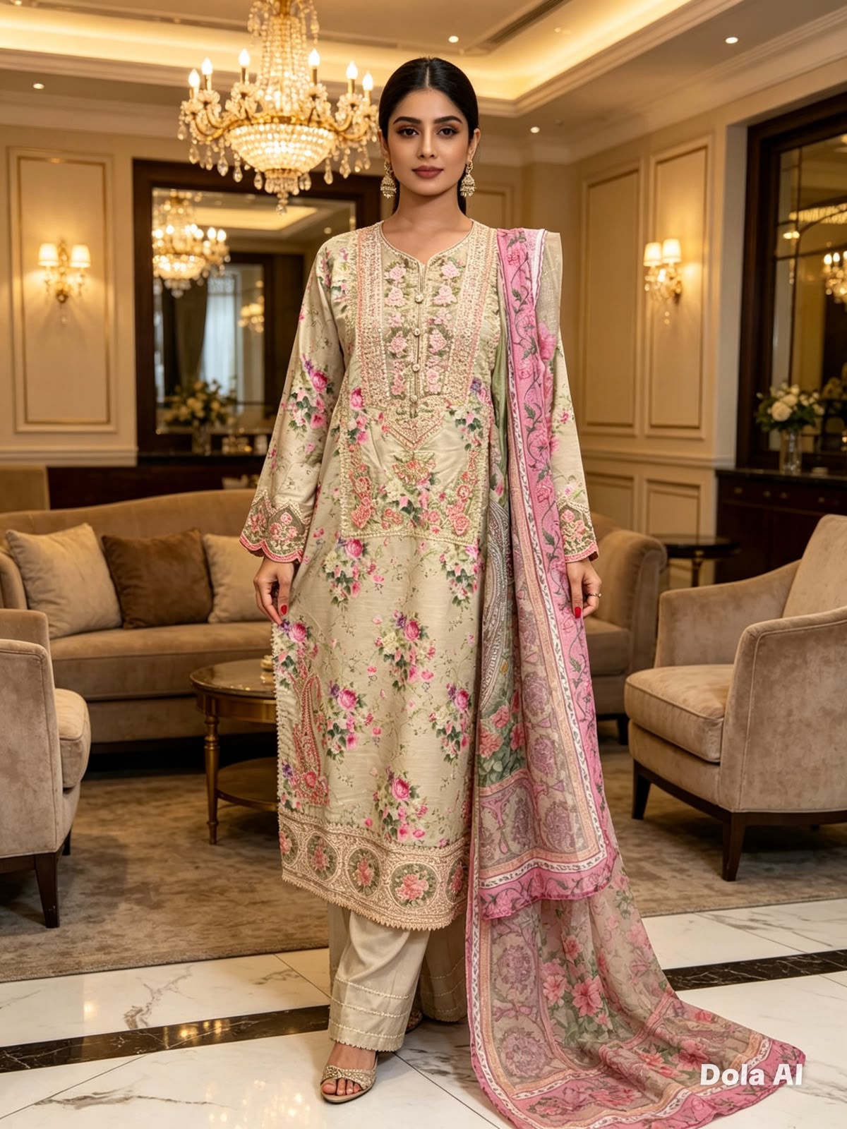 Ivory Rose Garden Printed Cotton Suit with Floral Dupatta