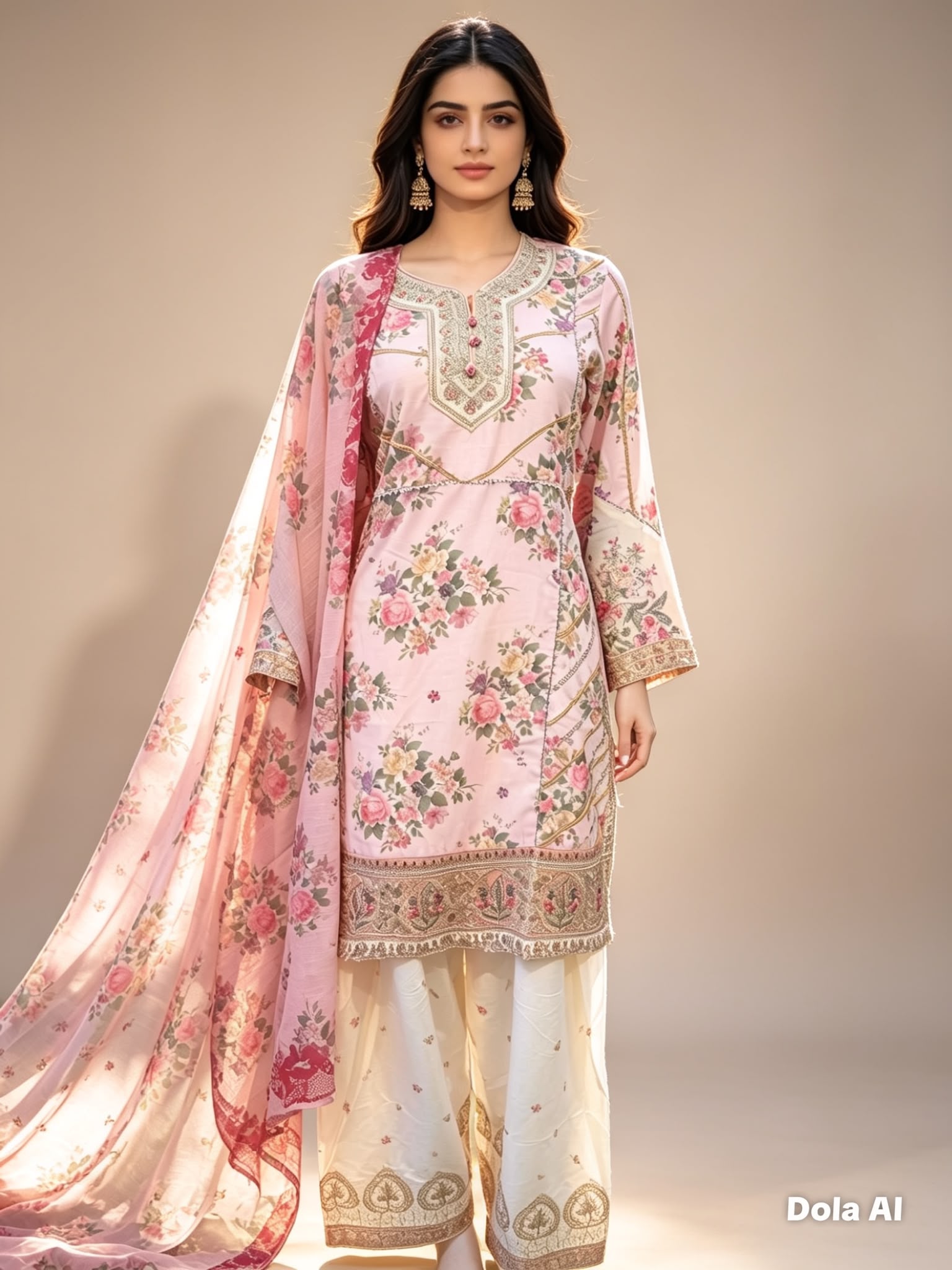 Blush Bloom Printed Silk Viscose Suit with Embroidered Neckline & Flare Trouser