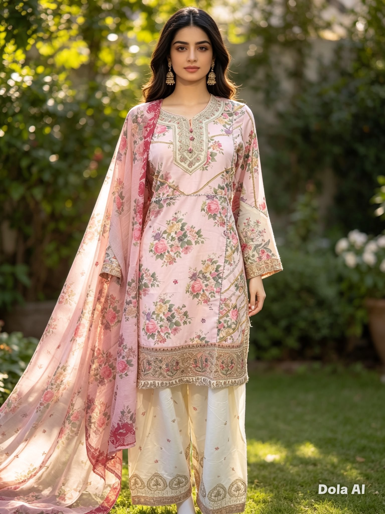 Blush Bloom Printed Silk Viscose Suit with Embroidered Neckline & Flare Trouser