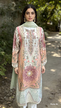 Peach Blossom Printed Silk Viscose Suit with Soft Cotton Dupatta & Straight Trouser