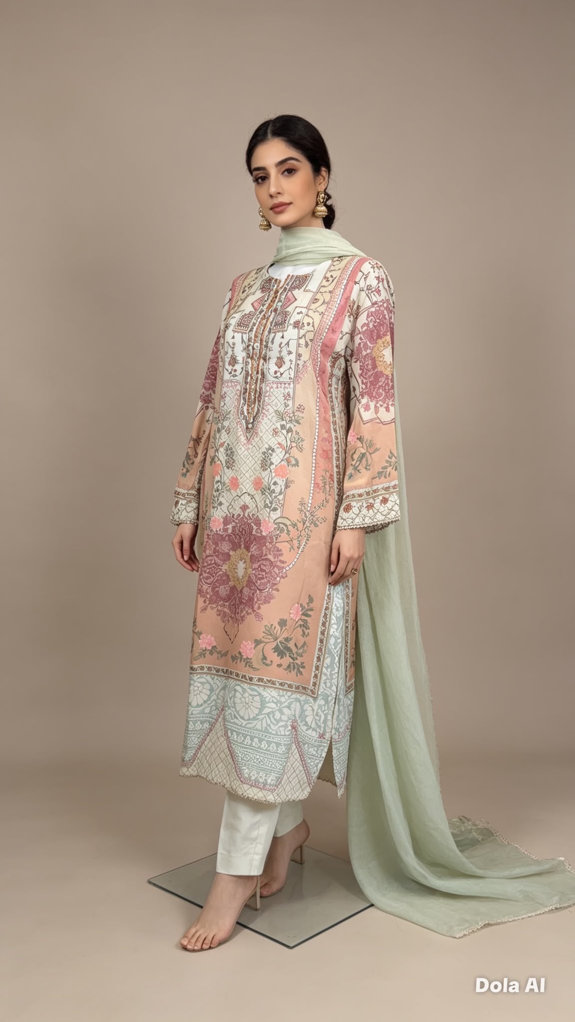 Peach Blossom Printed Silk Viscose Suit with Soft Cotton Dupatta & Straight Trouser