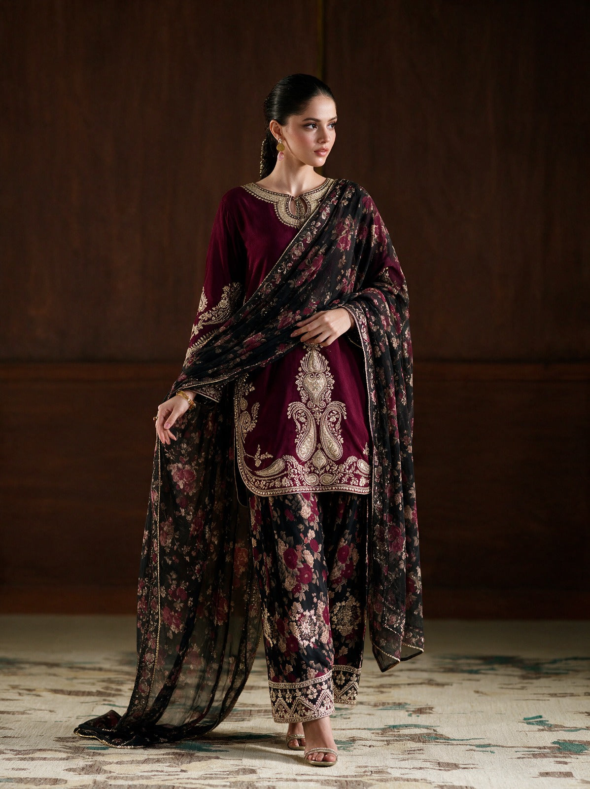 Deep Maroon Luxury Silky Viscose 3-Piece Suit with Printed Silk Scarf