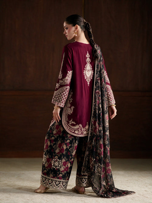 Deep Maroon Luxury Silky Viscose 3-Piece Suit with Printed Silk Scarf