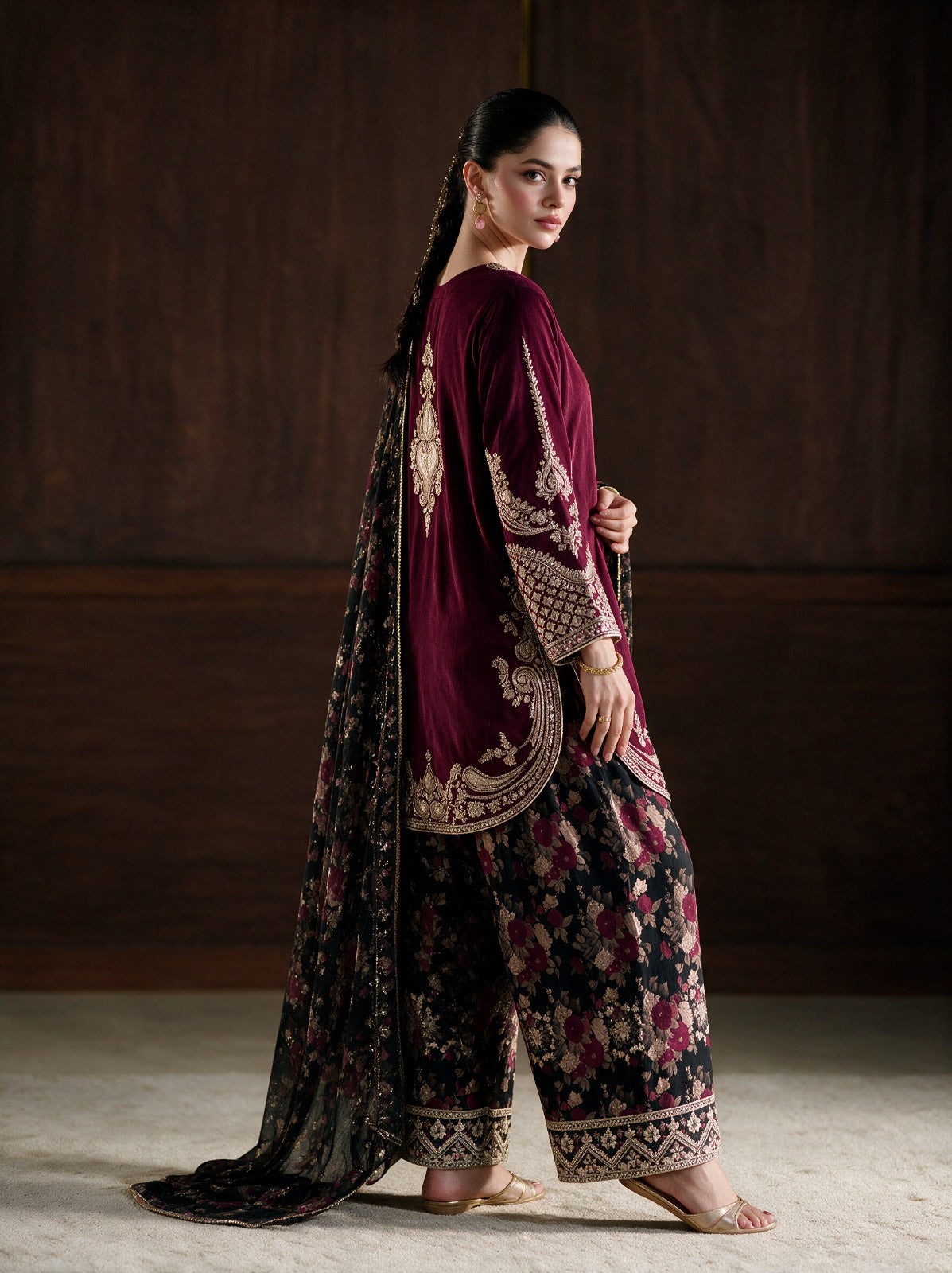 Deep Maroon Luxury Silky Viscose 3-Piece Suit with Printed Silk Scarf