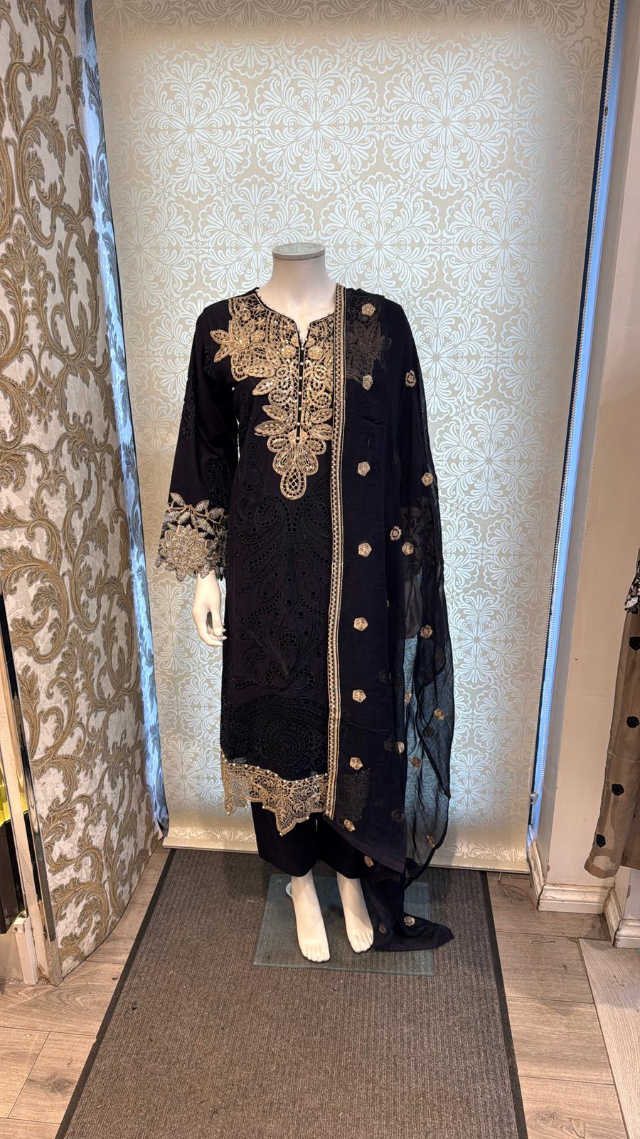 3pc Charcoal Black Cotton suit with silk Dupatta