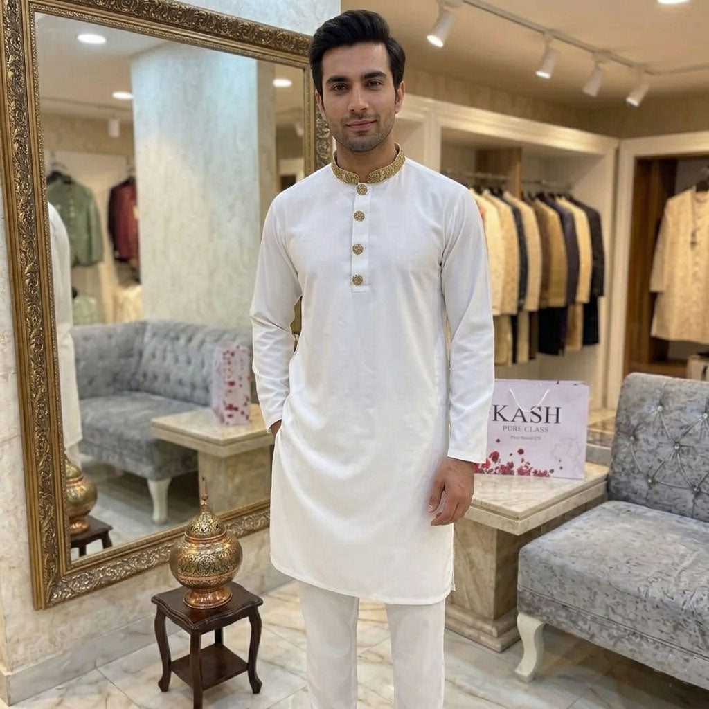 Embroidered Menswear - White with Gold