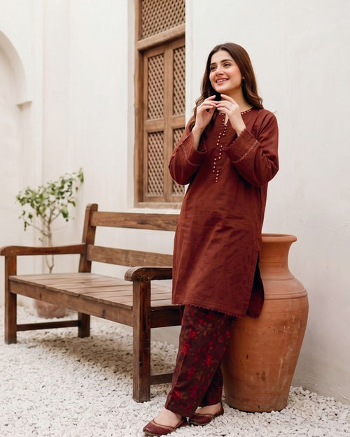 Rust Red Modern Solid 2PC - Chic shirt with digital print trouser