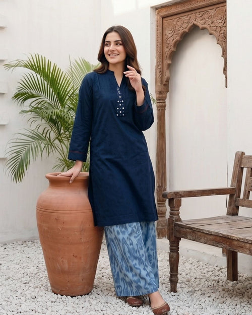 Midnight Blue Modern Solid 2PC - Chic shirt with digital print trouser