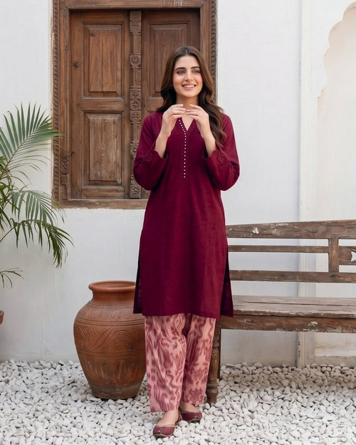 Dark Burgundy Modern Solid 2PC - Chic shirt with digital print trouser