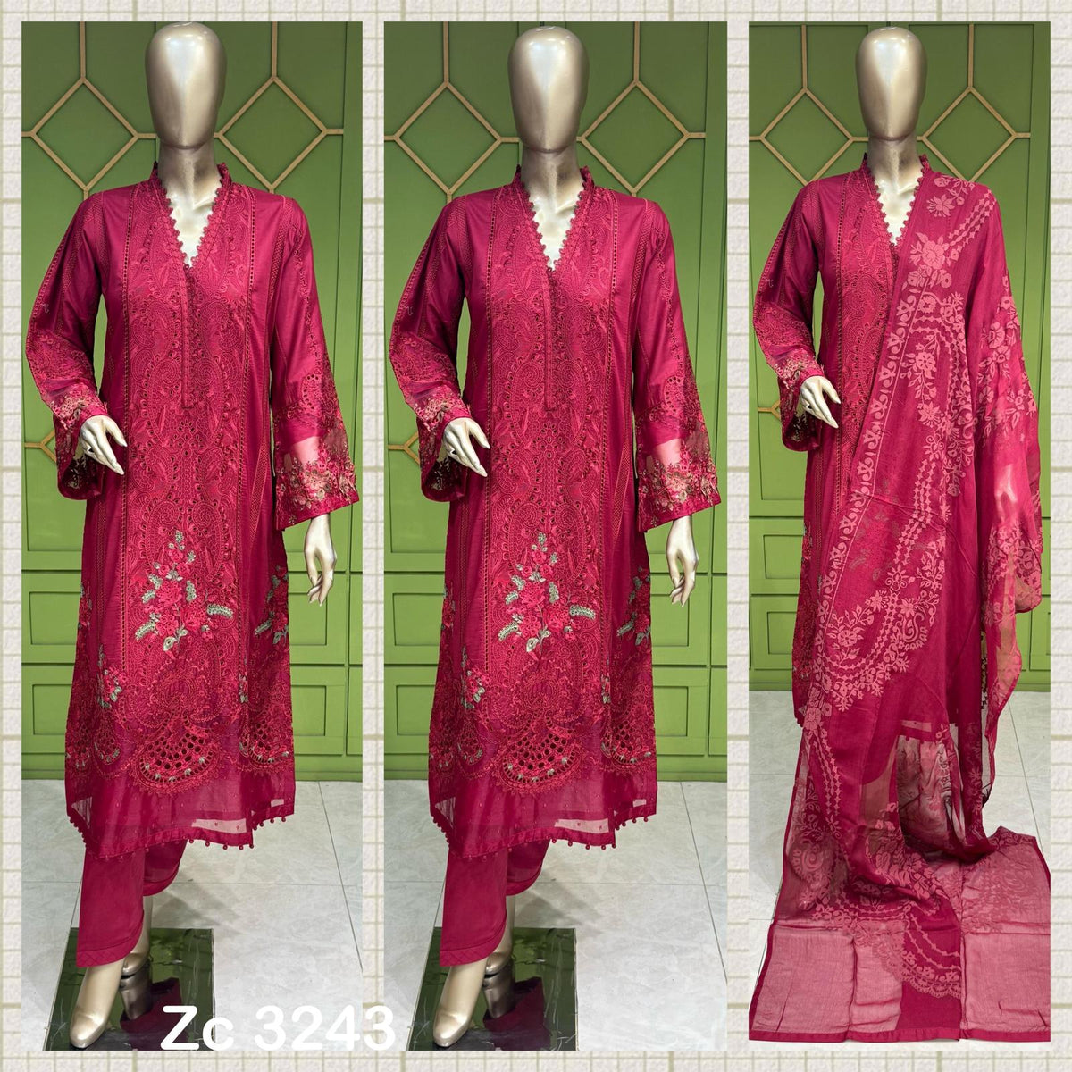 3Pc Maroon cotton long length kameez with sequence work