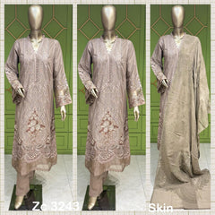 3Pc skin cotton long length kameez with sequence work