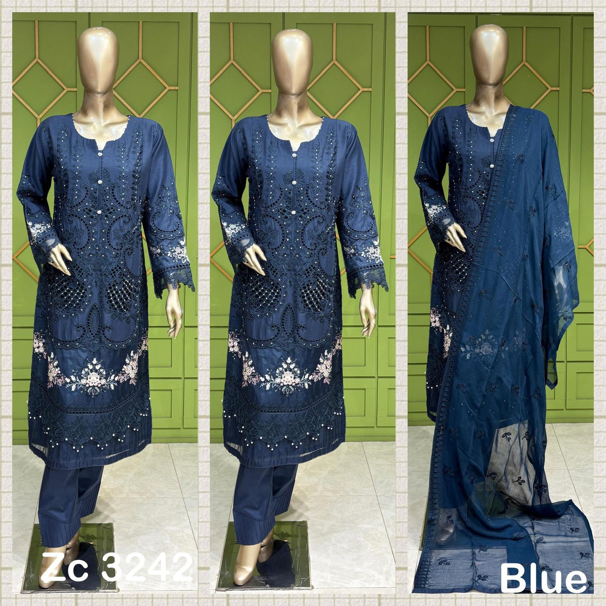 3Pc Blue cotton long length kameez with sequence work