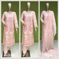 3Pc Pink cotton long length kameez with sequence work