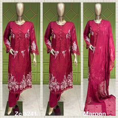 3Pc Maroon cotton long length kameez with sequence work