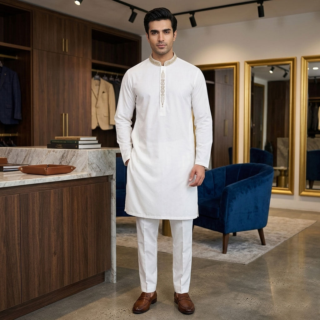 Embroidered Menswear - White with Silver