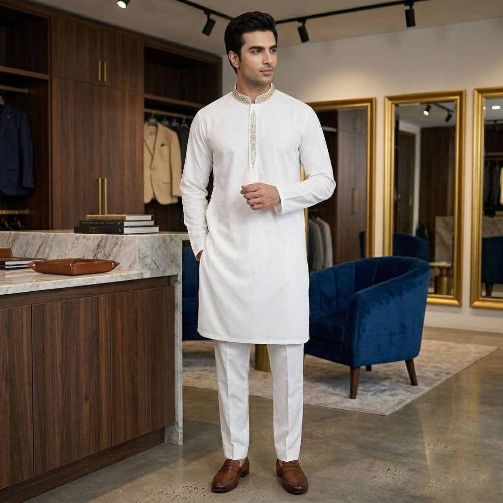 Embroidered Menswear - White with Silver
