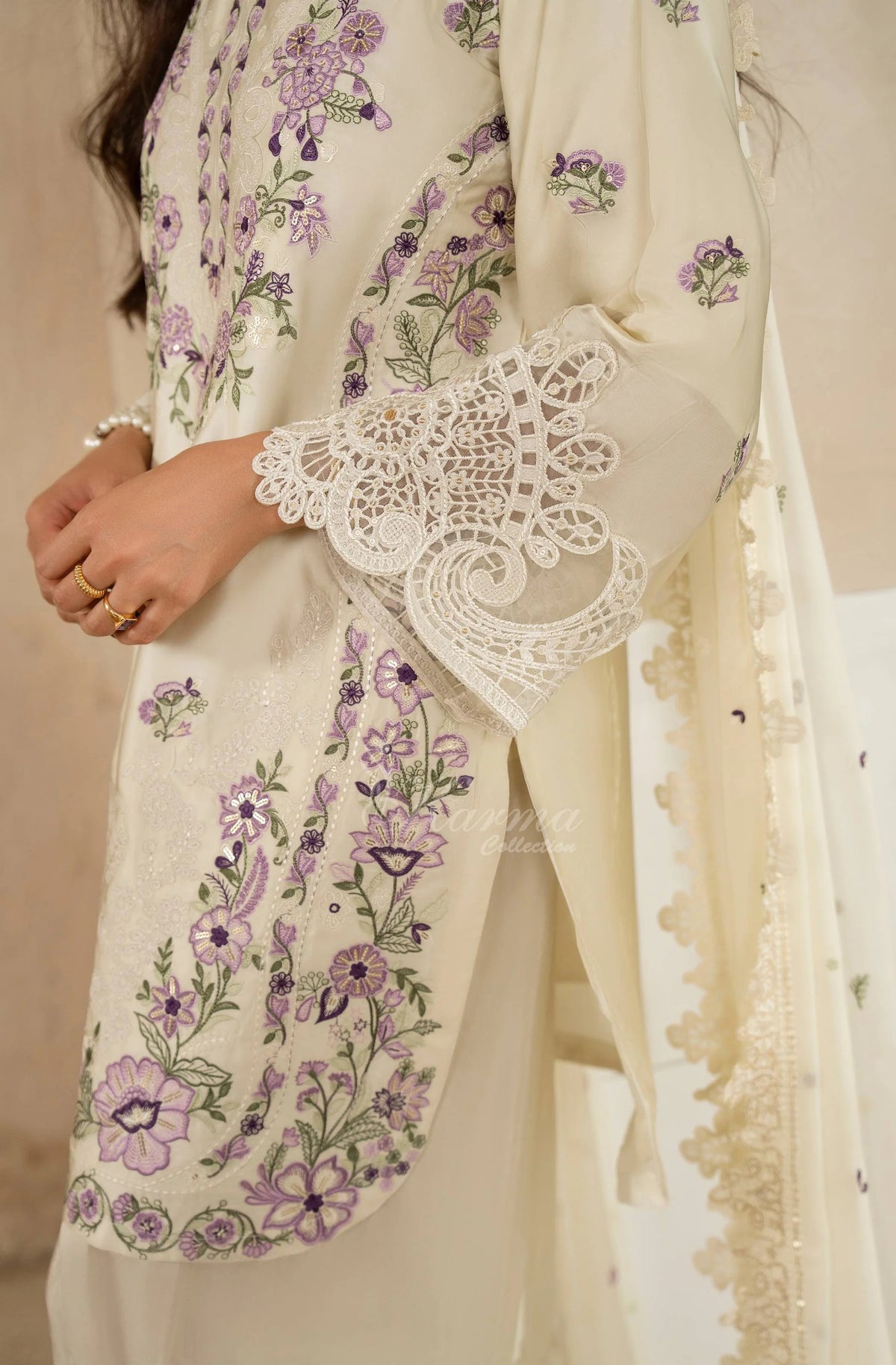 Ivory Floral Embroidered Shamoz Silk 3PC Suit