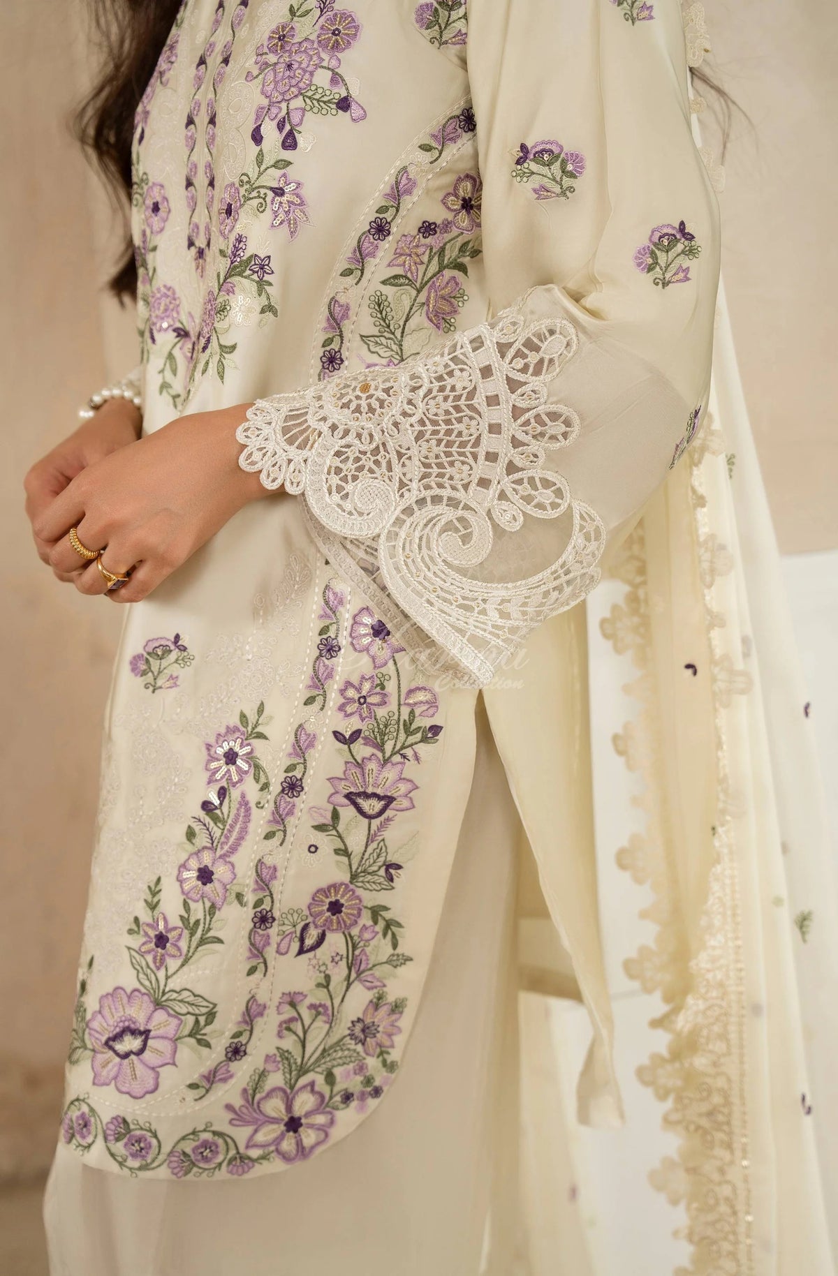 Ivory Floral Embroidered Shamoz Silk 3PC Suit