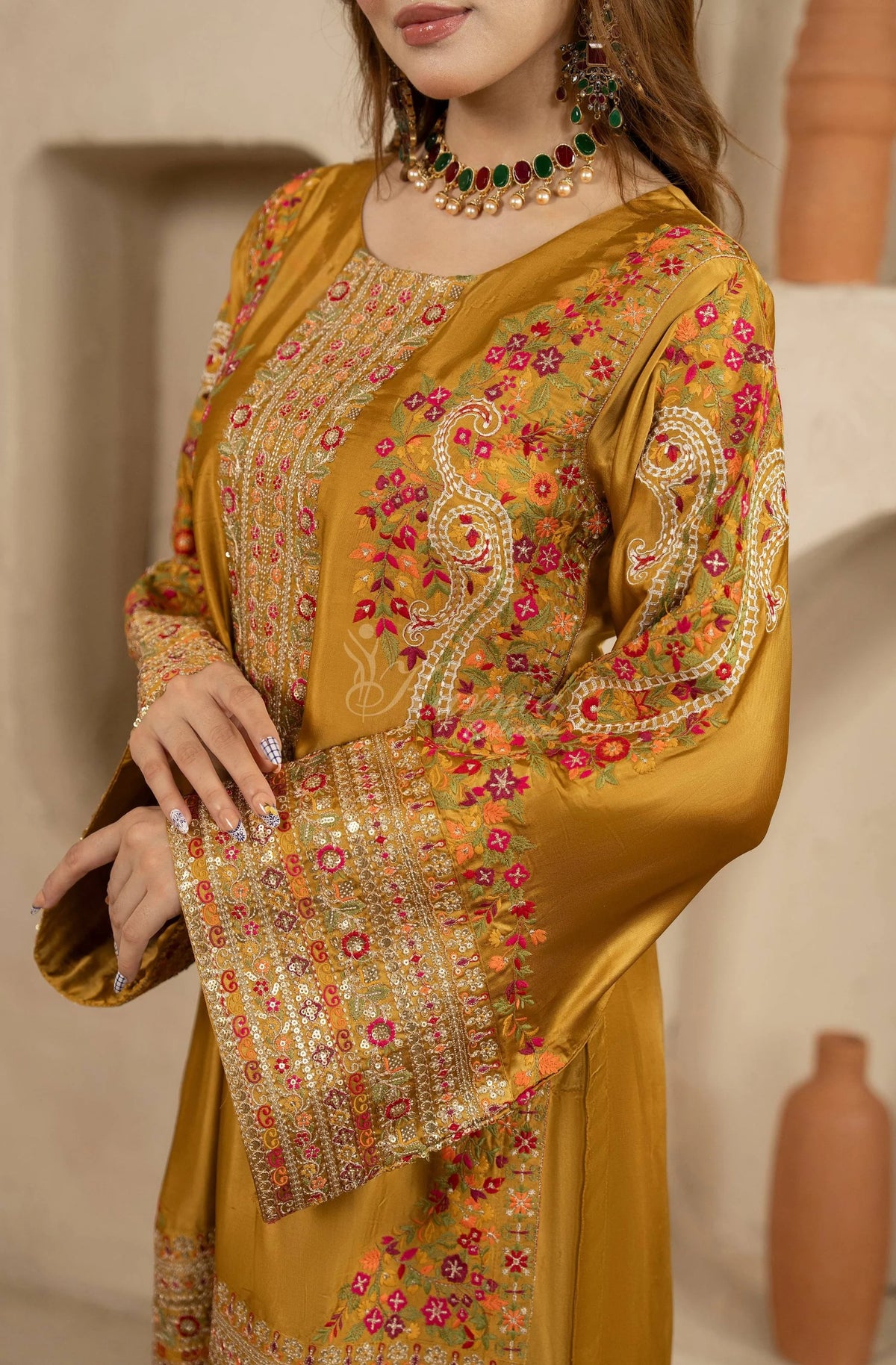 Mustard Gold Embroidered Shamoz Silk 3PC Suit