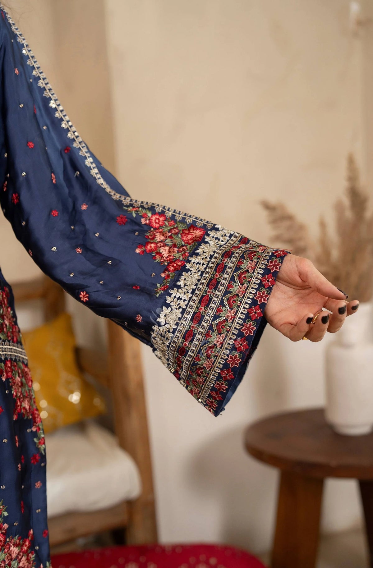 Navy Blue Floral Embroidered Shamoz Silk 3PC Suit
