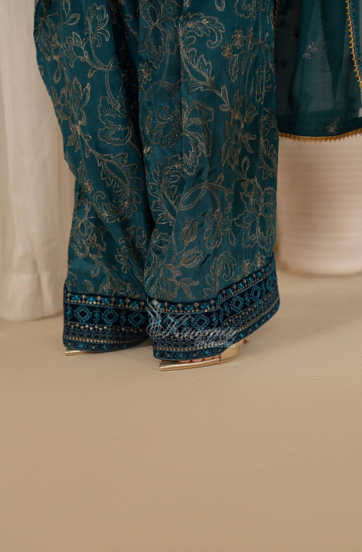 Teal Blue Embroidered Shamoz Silk 3PC Suit