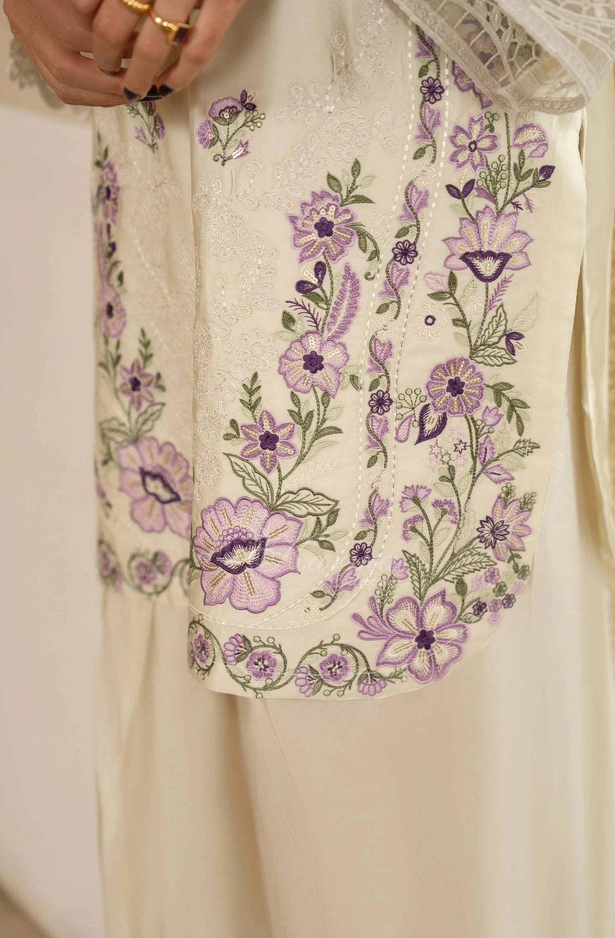 Ivory Floral Embroidered Shamoz Silk 3PC Suit