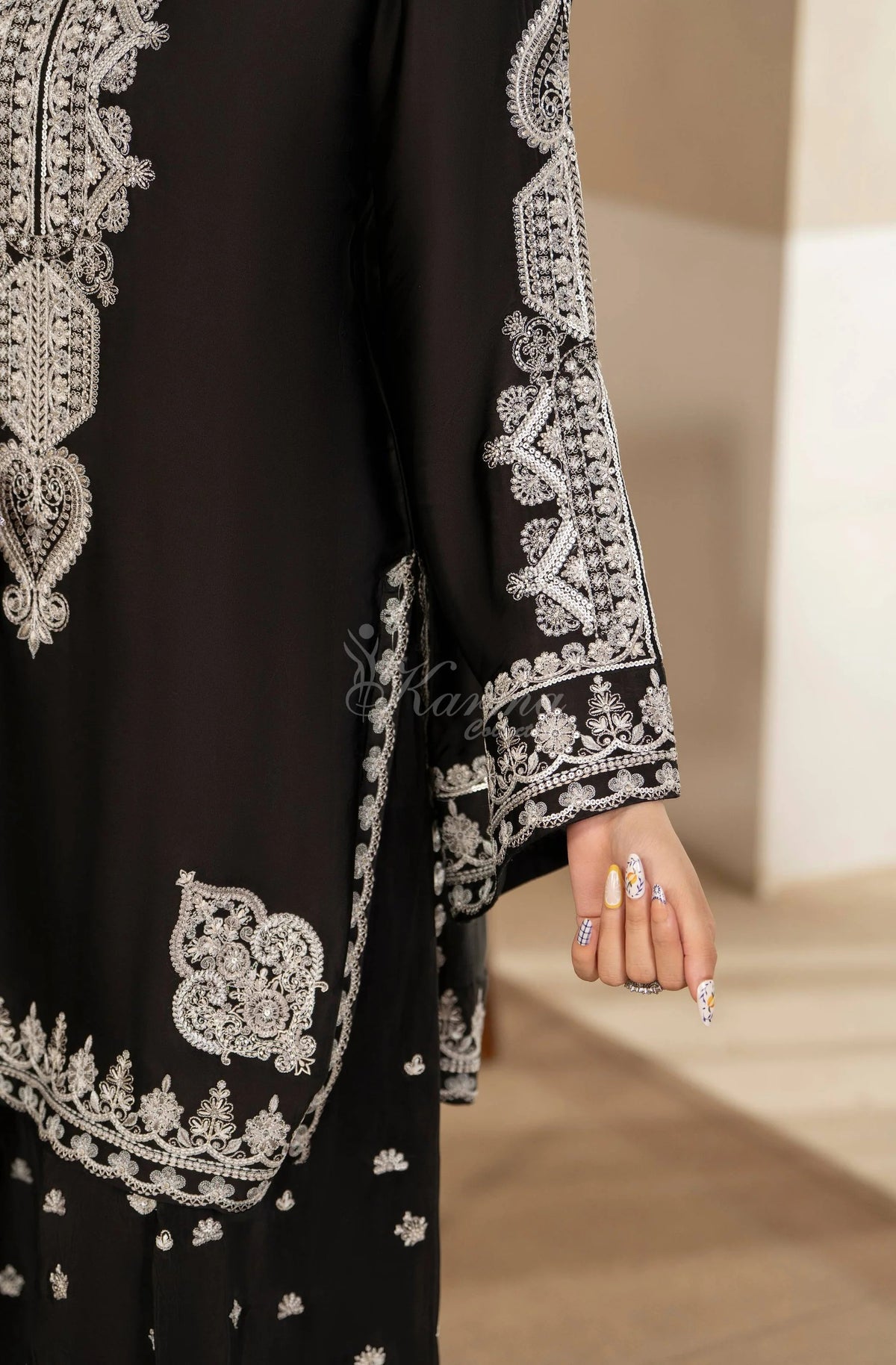 Black Embroidered Shamoz Silk 3PC Suit
