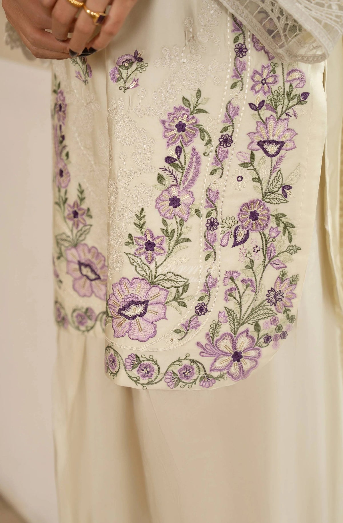 Ivory Floral Embroidered Shamoz Silk 3PC Suit