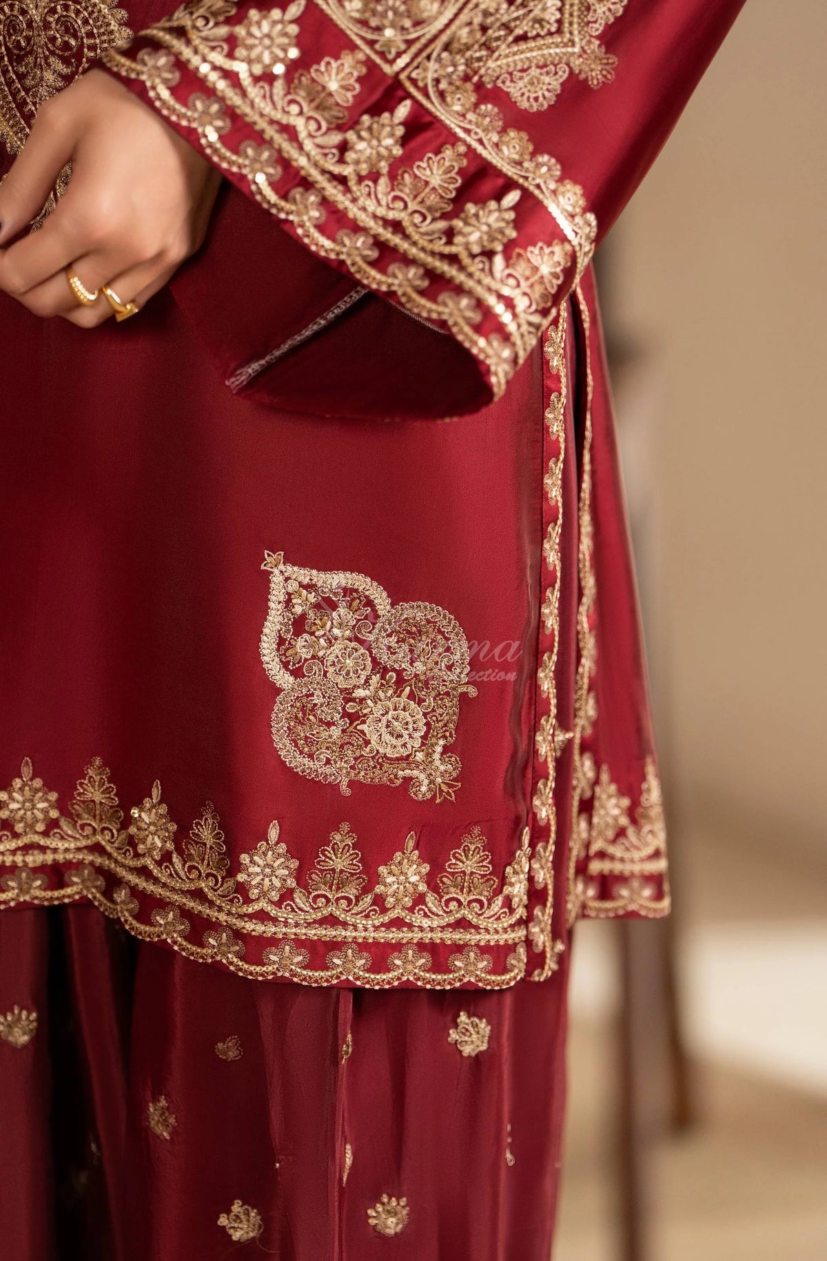 Maroon Embroidered Shamoz Silk 3PC Suit