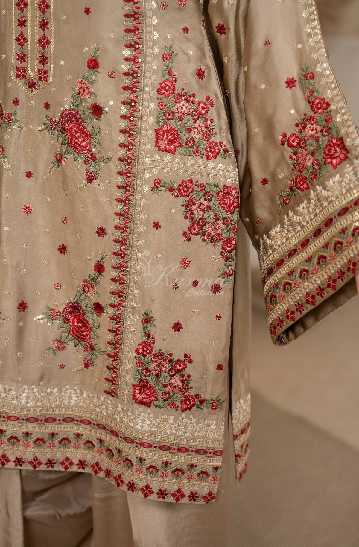 Beige Embroidered Shamoz Silk 3PC Suit