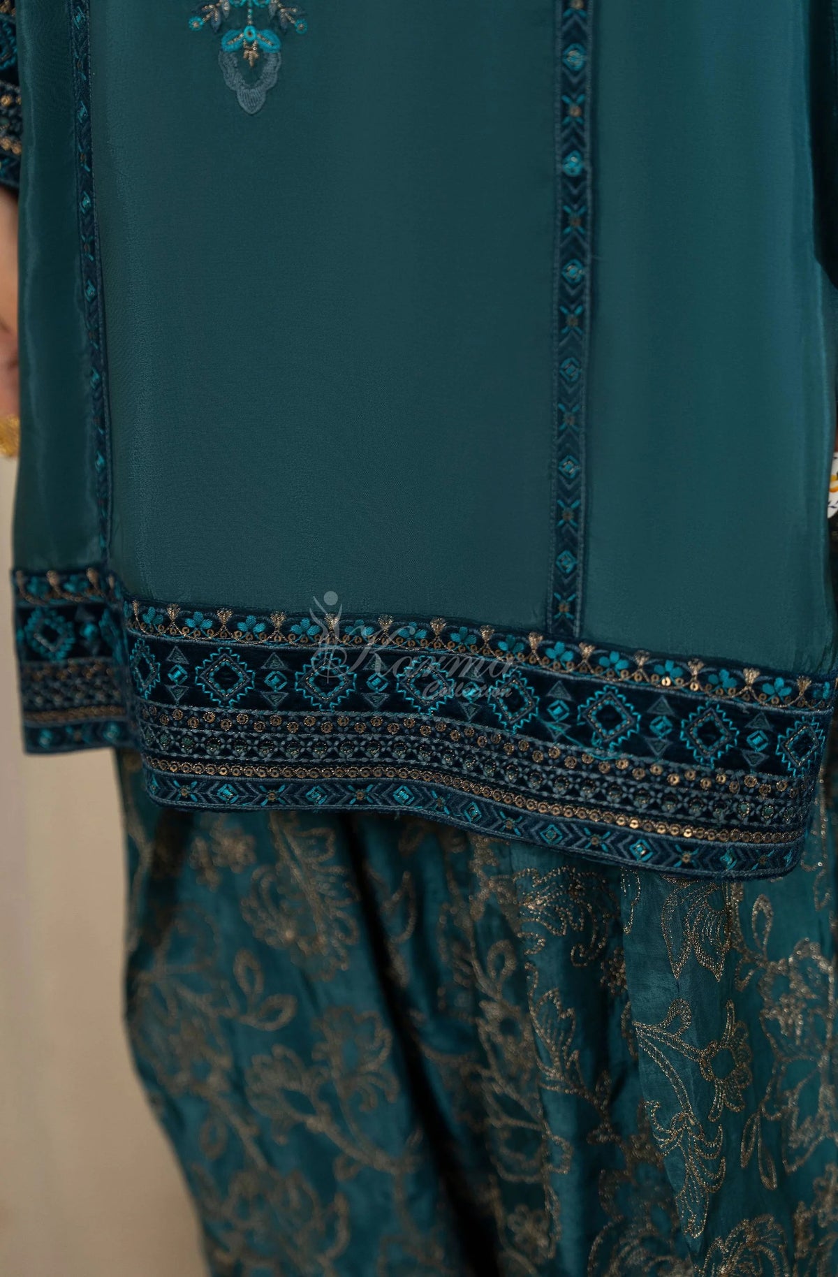 Teal Blue Embroidered Shamoz Silk 3PC Suit