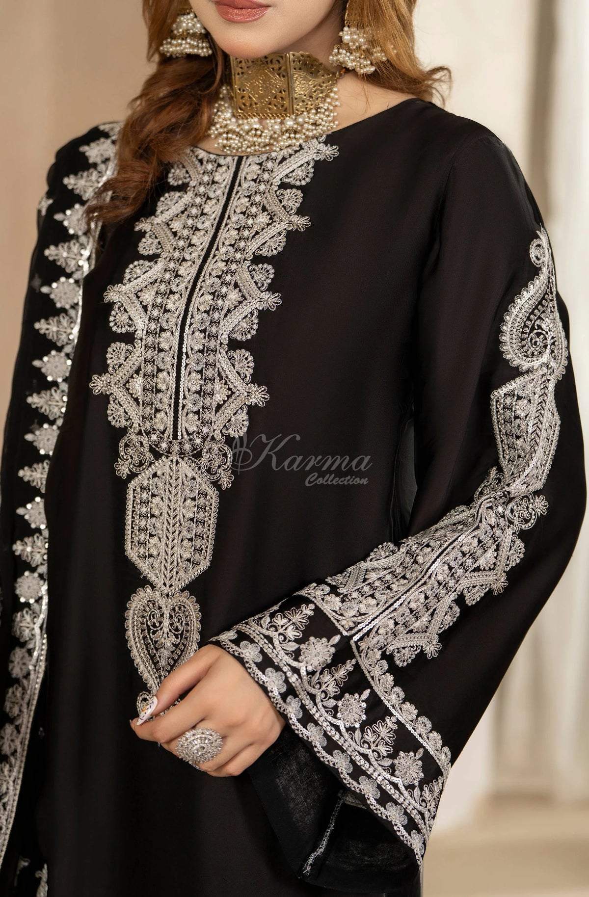 Black Embroidered Shamoz Silk 3PC Suit