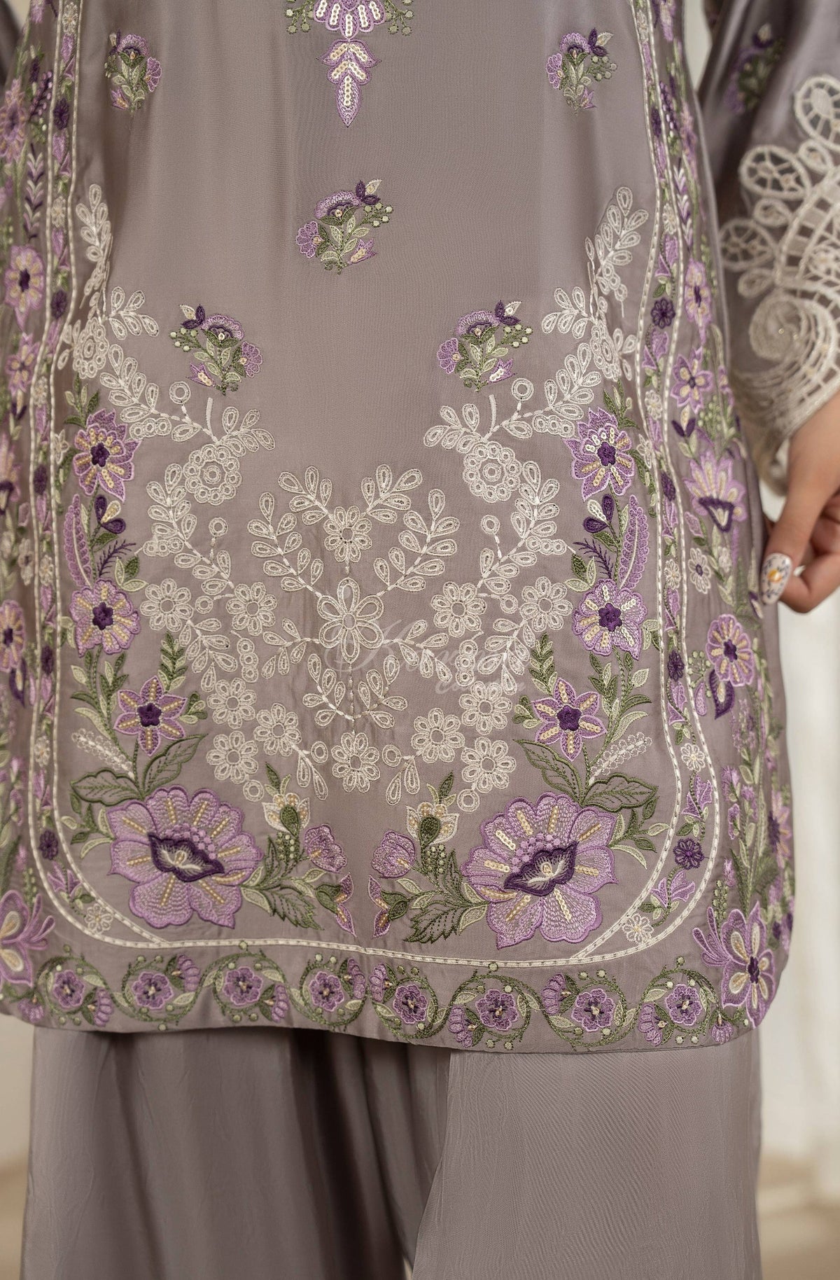 Lavender Grey Floral Embroidered Shamoz Silk 3PC Suit