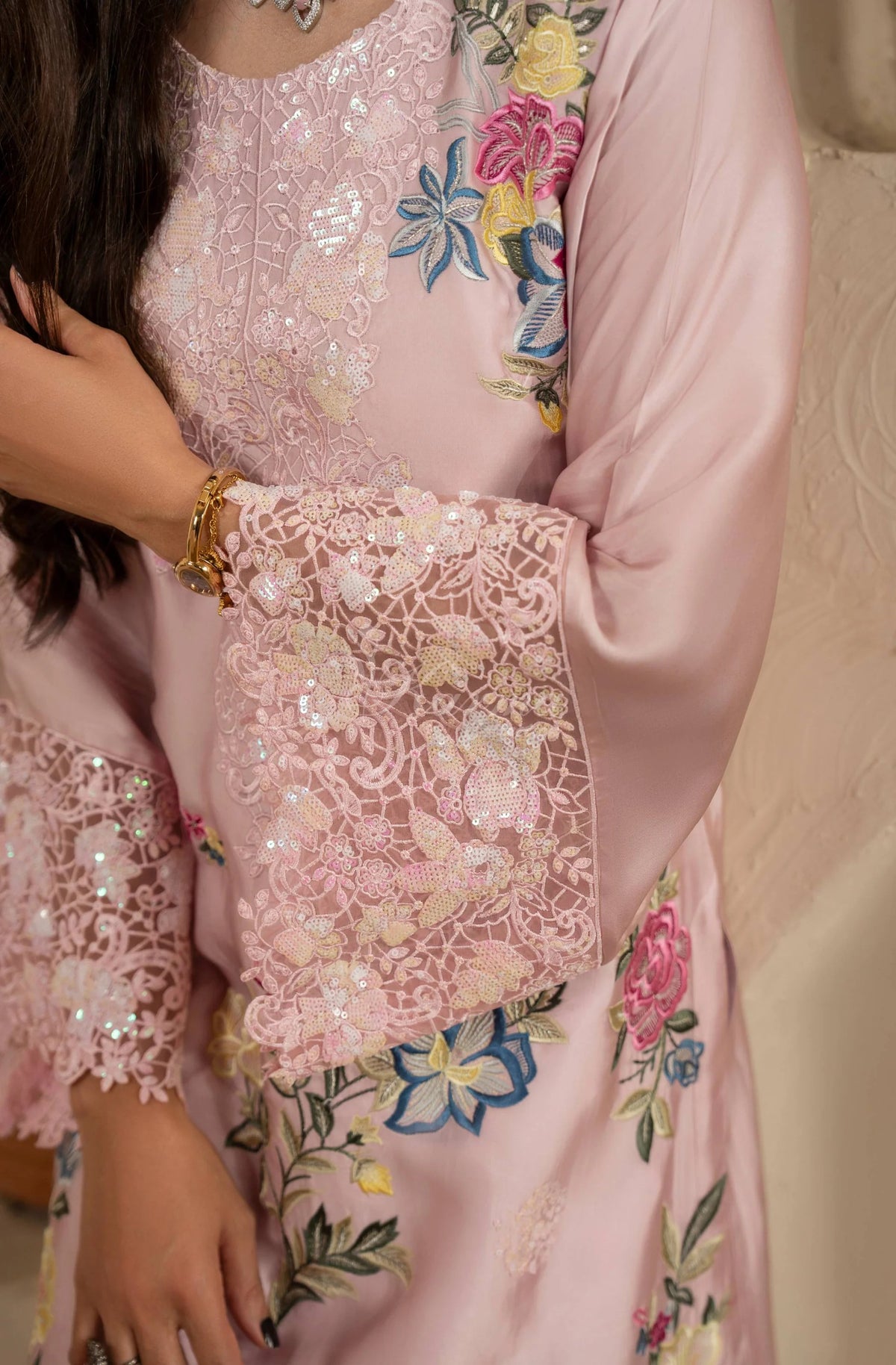 Blush Pink Floral Embroidered Shamoz Silk 3PC Suit
