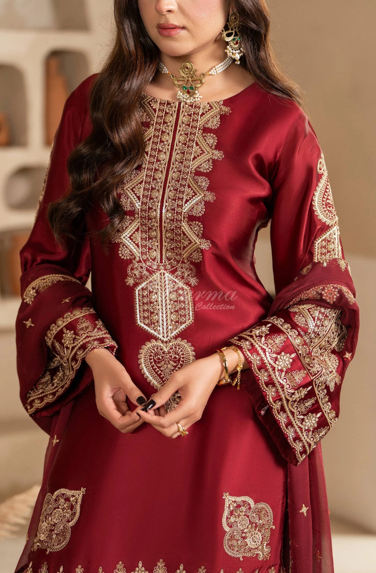 Maroon Embroidered Shamoz Silk 3PC Suit