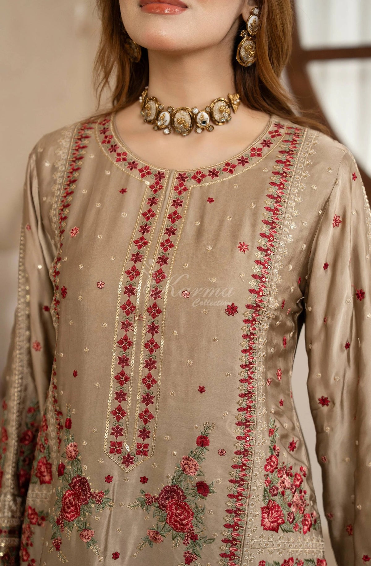 Beige Embroidered Shamoz Silk 3PC Suit
