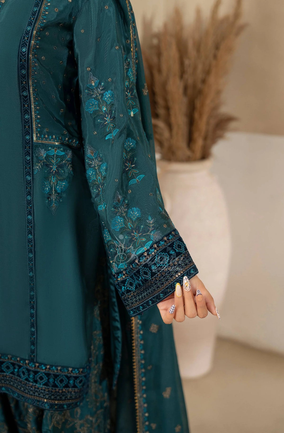 Teal Blue Embroidered Shamoz Silk 3PC Suit