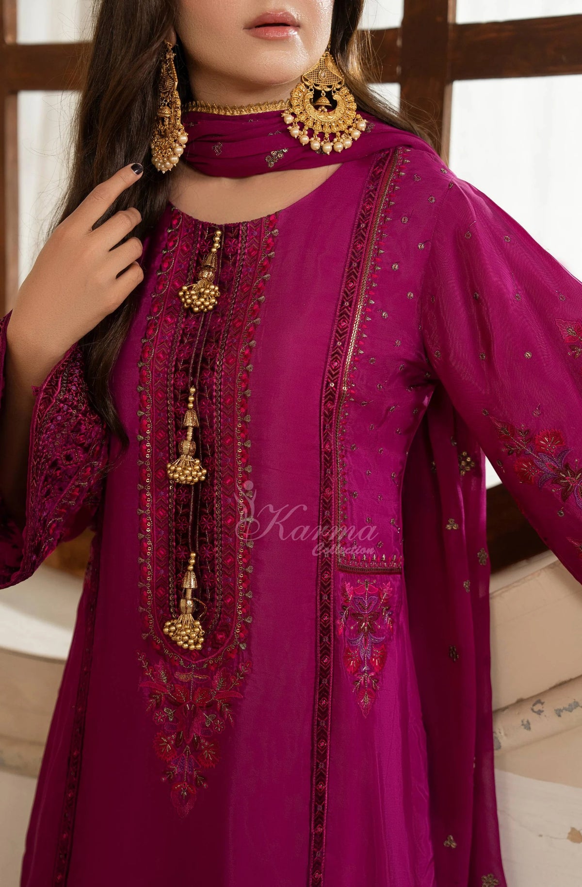 Magenta Embroidered Shamoz Silk 3PC Suit