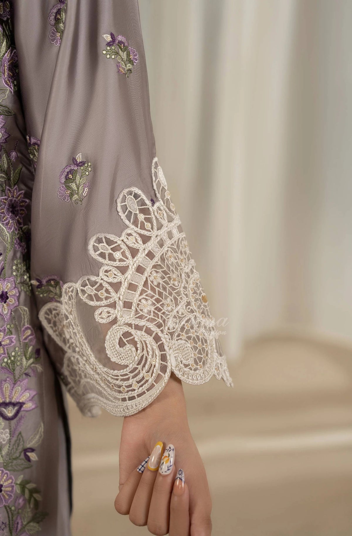 Lavender Grey Embroidered Shamoz Silk 3PC Suit
