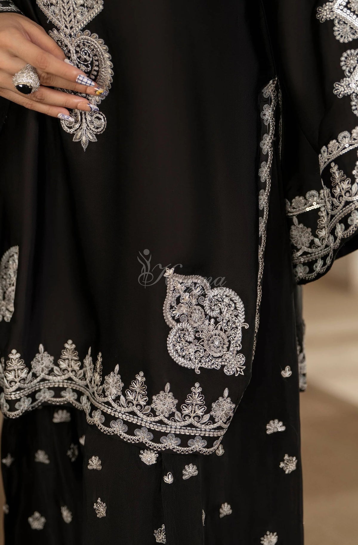 Black Embroidered Shamoz Silk 3PC Suit