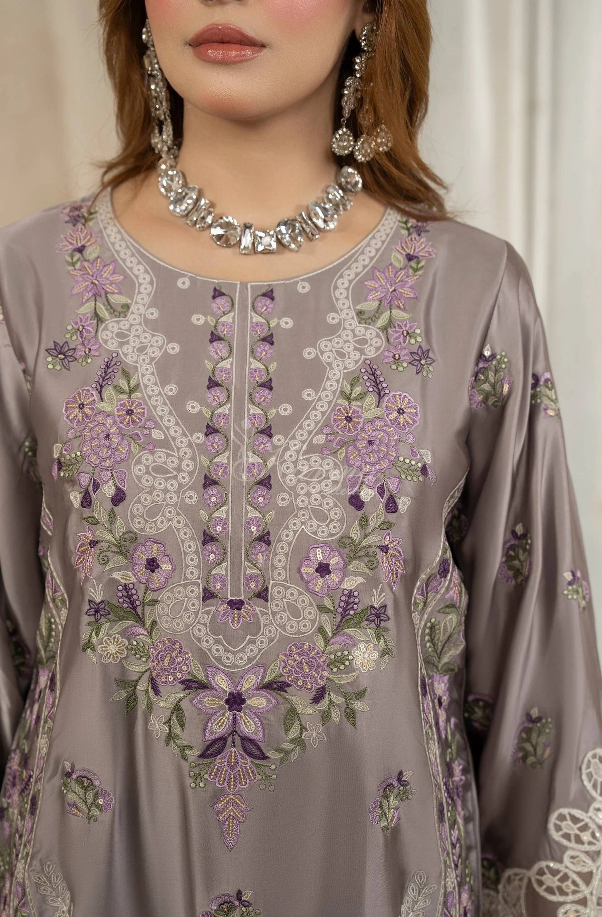 Lavender Grey Floral Embroidered Shamoz Silk 3PC Suit
