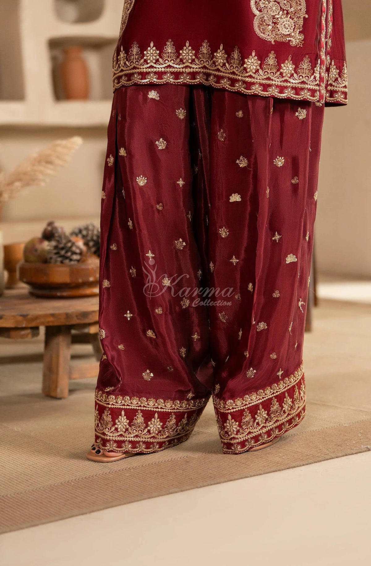 Maroon Embroidered Shamoz Silk 3PC Suit