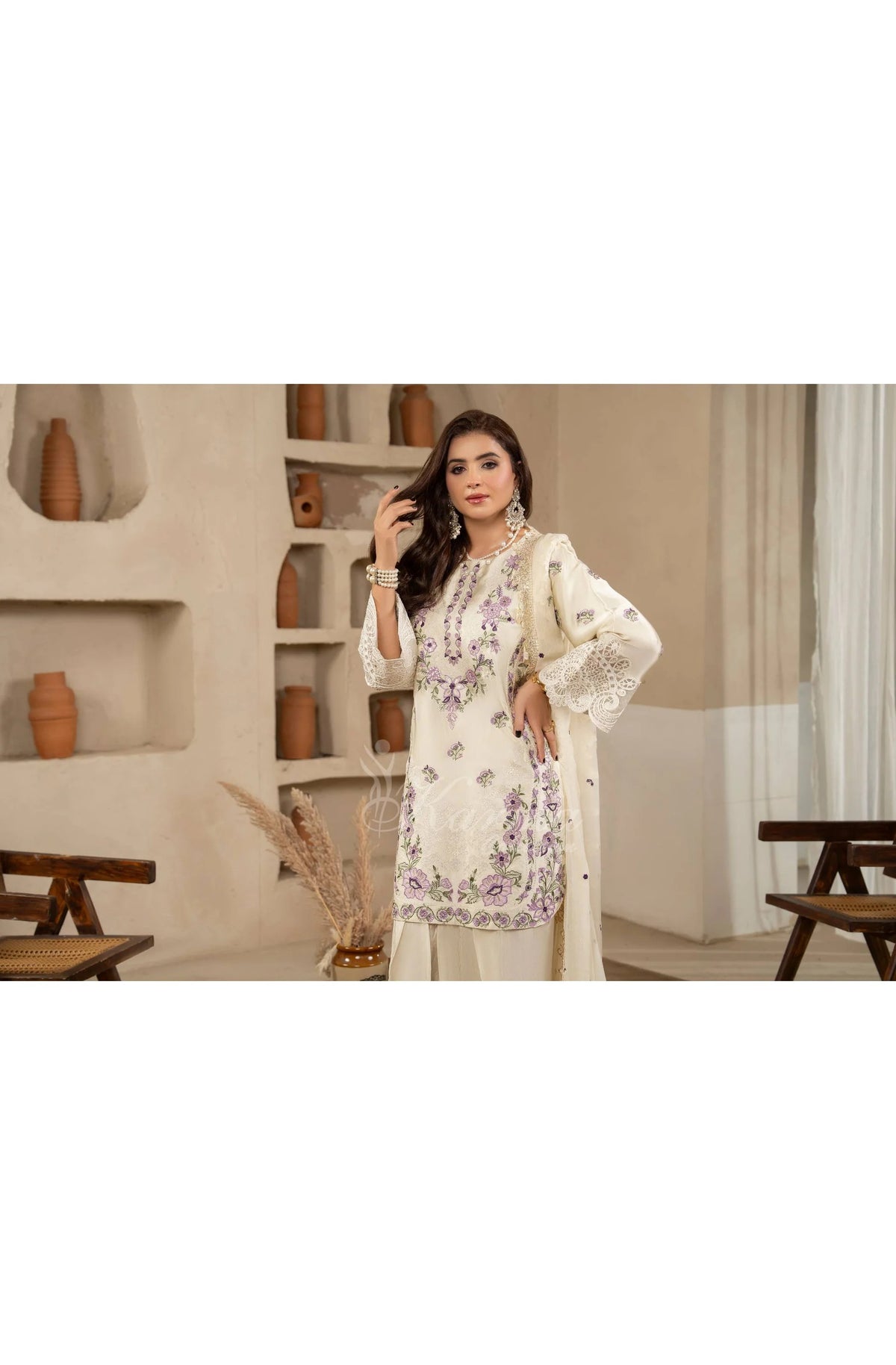 Ivory Floral Embroidered Shamoz Silk 3PC Suit