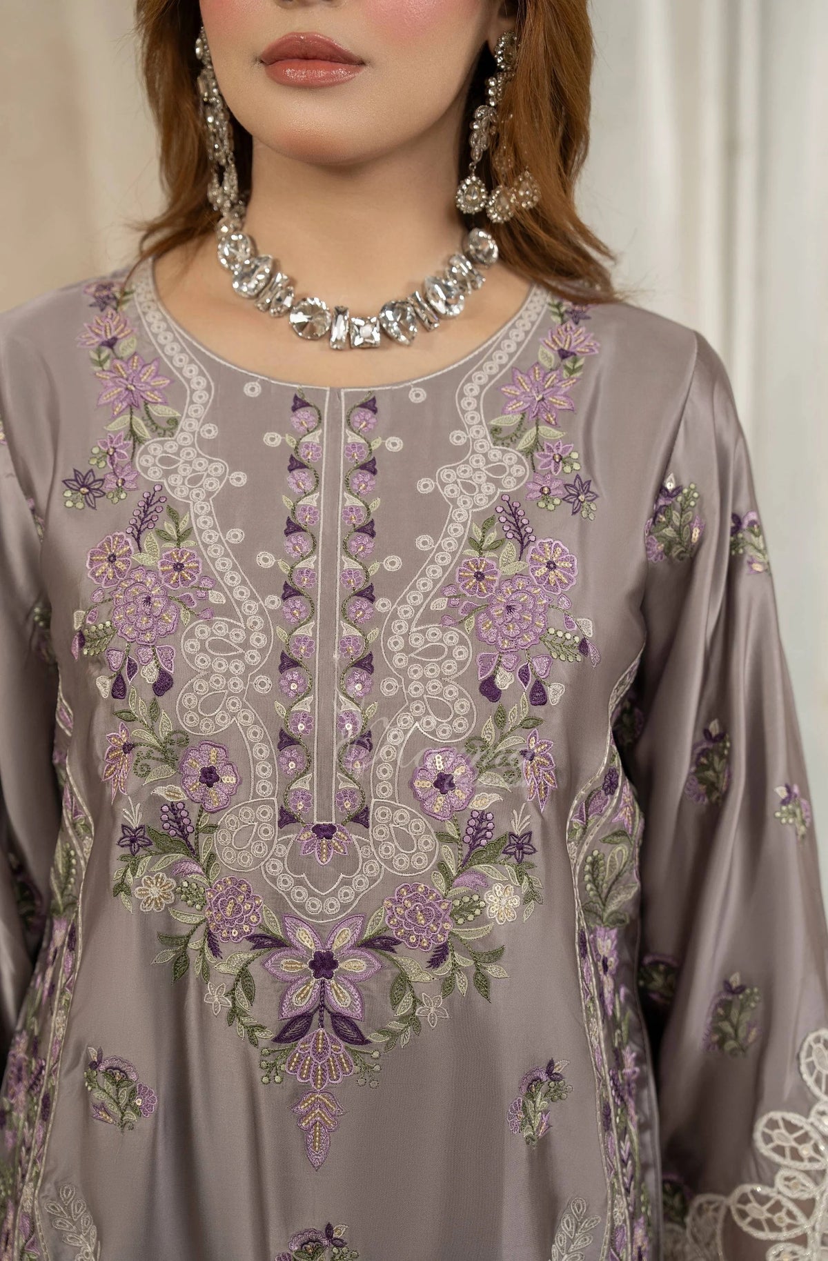 Lavender Grey Embroidered Shamoz Silk 3PC Suit