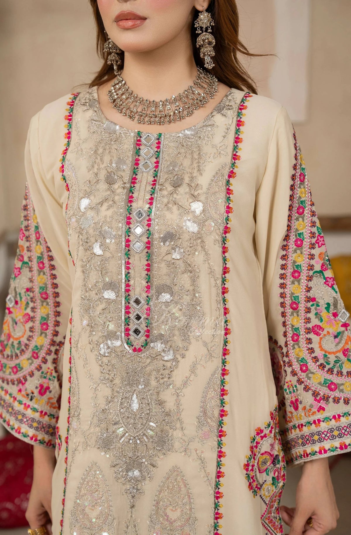 Ivory Elegance - Embroidered Shamoz Silk 3PC Suit
